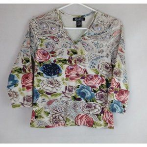 Katherine Barclay Women's Beaded Sequined Floral Shirt Size G/L